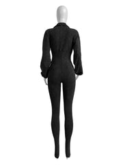 Autumn Cotton Ribbed Jumpsuit - Women's V-Neck Long Sleeve Skinny Romper