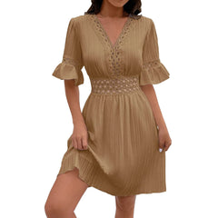 Women V Neck Flying sleeve Mini Dress Summer Hollow Embroidery Lace Patchwork Party Dress Casual Loose Beach A-Line Dress