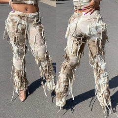 Tie Dye Fringe Pant Cargo Trousers Y2K Streetwear Fashion 2023 Women Summer Clothes Pencil Casual Tassel Sweat Pants Joggers