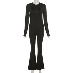 Solid Black Backless Bodycon Wide Leg Jumpsuit Women Autumn Casual Slim Long Sleeve O-Neck Playsuit Lady Streetwear