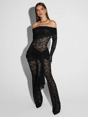 Mozision Lace See Through Long Sleeve Jumpsuit Women Fashion Lace Off-shoulder Bodycon High Waist Jumpsuits