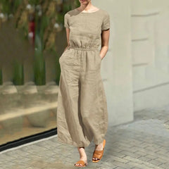 Women Jumpsuit Short Sleeves Solid Cotton Linen Summer Loose Wide Leg Lady Romper Clothes Dress-up Clothing Trousers Jumpsuit