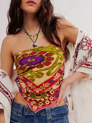 Gaono Bandana Tops for Women Boho Floral Strapless Tube Top Y2K Vintage Irregular Hem Smocked Backless Crop Top Beachwear