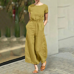 Women Jumpsuit Short Sleeves Solid Cotton Linen Summer Loose Wide Leg Lady Romper Clothes Dress-up Clothing Trousers Jumpsuit