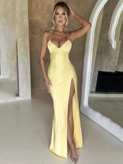 Articat Strapless Satin Maxi Dress Women Open Back High Slit Slim Dress