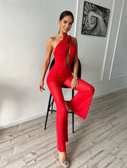 Chic INS Women Mesh Ruched Strapless Red Bodycon Flare Bandage Jumpsuit Celebrity Designer High Street Rompers