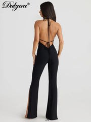 Dulzura Backless Playsuits Sleeveless Halter Lace Up Irregular Split Long Pants Jumpsuit Lady Party Club Drop Shipping Y2K