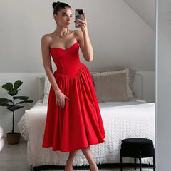 Suninheart Women’s Red Strapless Midi Dress – Casual, Holiday & Party Wear