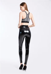 Shiny Push Up Leggings Black Summer PU Leather Pants Women High Waist Elastic Trousers Stretch Ankle-Length