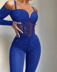 Jumpsuit Women Elegance 2025 Plain Glitter Cold Shoulder Long Sleeve Contrast Lace Corset Skinny Jumpsuit