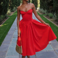 Suninheart Women’s Red Strapless Midi Dress – Casual, Holiday & Party Wear