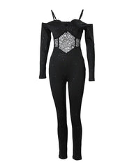 Jumpsuit Women Elegance 2025 Plain Glitter Cold Shoulder Long Sleeve Contrast Lace Corset Skinny Jumpsuit