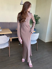 Tossy Satin Fashion Slim Maxi Dress For Women Long Sleeve High Waist Elegant Solid Party Dress Casual Luxury Ladies Autumn Dress