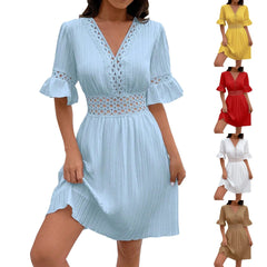 Women V Neck Flying sleeve Mini Dress Summer Hollow Embroidery Lace Patchwork Party Dress Casual Loose Beach A-Line Dress