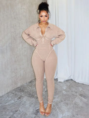 Autumn Cotton Ribbed Jumpsuit - Women's V-Neck Long Sleeve Skinny Romper