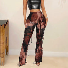 Tie Dye Fringe Pant Cargo Trousers Y2K Streetwear Fashion 2023 Women Summer Clothes Pencil Casual Tassel Sweat Pants Joggers