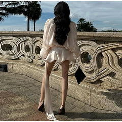 Elegant Pleated Short Dress Women Loose Lace Up Long Lantern Sleeve V Neck Dresses Female 2025 Spring Hollow Out Beach Robe Lady