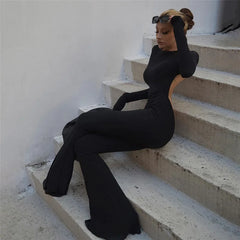 Solid Black Backless Bodycon Wide Leg Jumpsuit Women Autumn Casual Slim Long Sleeve O-Neck Playsuit Lady Streetwear