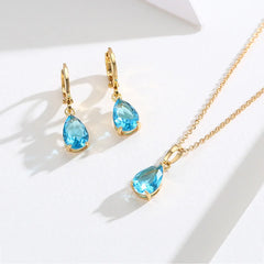 8Colors Cute Brass Yellow Gold Color Pear CZ Small Teardrop Charm Drop Earrings Pendant Necklace Jewelry Set For Women Girls 18"