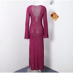 Knit Hollow Out Long Dress Women Slim V-neck Flare Sleeve Split Beach Cover Up 2024 Summer Lady Solid See Through Dresses