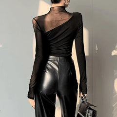 Women Korean Fashion See Through Mesh Patchwork Basic T-shirt Office Lady Black Elegant Long Sleeve Slim Tops Ropa De Mujer