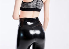 Shiny Push Up Leggings Black Summer PU Leather Pants Women High Waist Elastic Trousers Stretch Ankle-Length