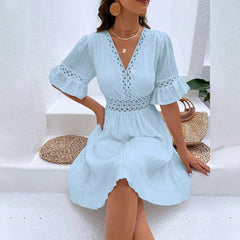 Women V Neck Flying sleeve Mini Dress Summer Hollow Embroidery Lace Patchwork Party Dress Casual Loose Beach A-Line Dress