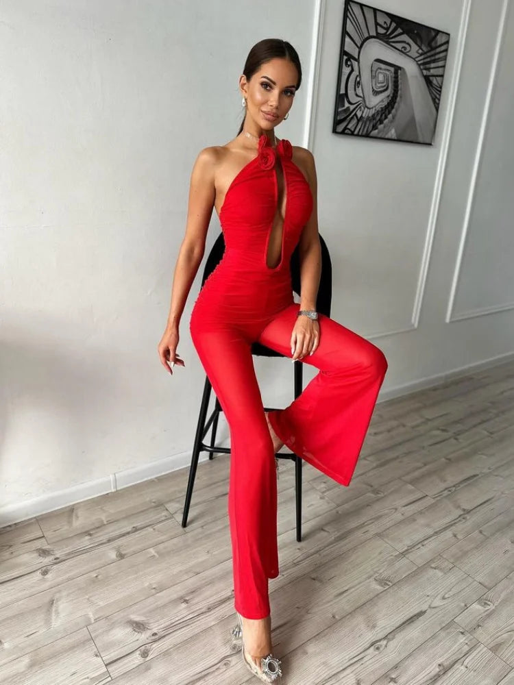 Chic INS Women Mesh Ruched Strapless Red Bodycon Flare Bandage Jumpsuit Celebrity Designer High Street Rompers