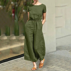 Women Jumpsuit Short Sleeves Solid Cotton Linen Summer Loose Wide Leg Lady Romper Clothes Dress-up Clothing Trousers Jumpsuit