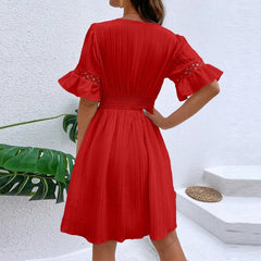 Women V Neck Flying sleeve Mini Dress Summer Hollow Embroidery Lace Patchwork Party Dress Casual Loose Beach A-Line Dress