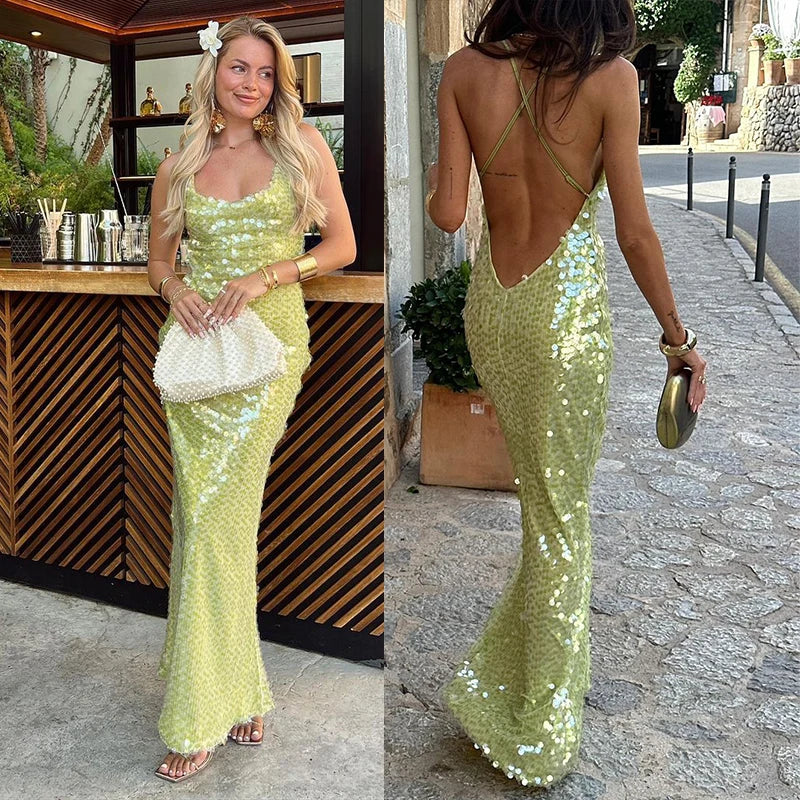 Sequins Halter Women Evening Dresses Patchwork Sleeveless Backless Deep V Neck Female Party Dress 2