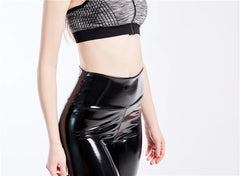 Shiny Push Up Leggings Black Summer PU Leather Pants Women High Waist Elastic Trousers Stretch Ankle-Length