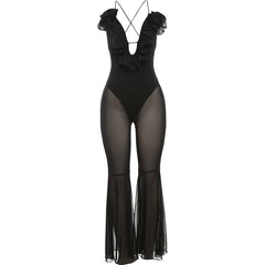 Weird Puss Blossoms Deep V-Neck Jumpsuit Women Sleeveless Backless Skinny Elastic Mesh Patchwork Skinny Stretch Flare Overalls