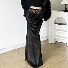 Goth Dark Elegant Mall Gothic Velvet Trumpet Skirts Partywear Lace Patchwork Long Skirt Ladies Evening Black Slim Cloth