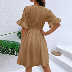 Women V Neck Flying sleeve Mini Dress Summer Hollow Embroidery Lace Patchwork Party Dress Casual Loose Beach A-Line Dress