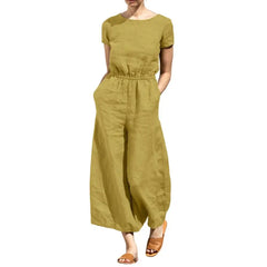 Women Jumpsuit Short Sleeves Solid Cotton Linen Summer Loose Wide Leg Lady Romper Clothes Dress-up Clothing Trousers Jumpsuit