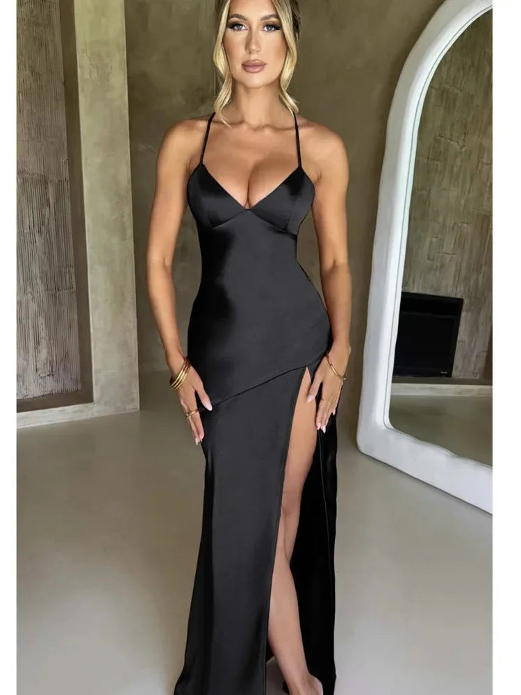 Articat Strapless Satin Maxi Dress Women Open Back High Slit Slim Dress