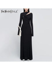 TWOTWINSTYLE Solid Hollow Out Slimming Dresses For Women Diagonal Collar Long Sleeve High Waist Formal Dress Female Fashion New