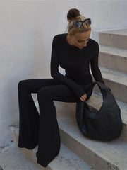 Solid Black Backless Bodycon Wide Leg Jumpsuit Women Autumn Casual Slim Long Sleeve O-Neck Playsuit Lady Streetwear