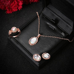 Elegant Aurora Oval Zircon Necklace Earring Ring Jewelry Set For Women Romantic Gold Plated Faux Opal Wedding Gift Accessories