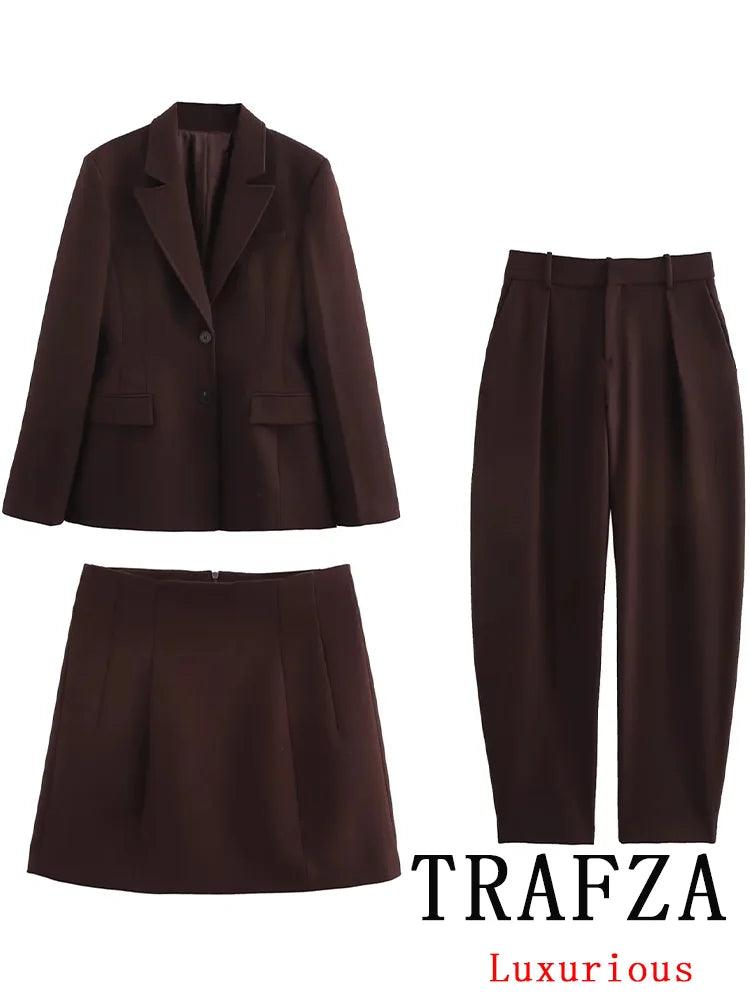 TRAFZA Chic Casual Solid Women Suit Pockets Button Blazer Straight Loose Pants Zipper Skirt New Fashion 2025 Spring Summer Sets