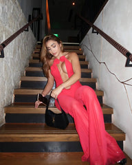 Chic INS Women Mesh Ruched Strapless Red Bodycon Flare Bandage Jumpsuit Celebrity Designer High Street Rompers