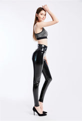 Shiny Push Up Leggings Black Summer PU Leather Pants Women High Waist Elastic Trousers Stretch Ankle-Length