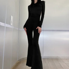 Solid Black Backless Bodycon Wide Leg Jumpsuit Women Autumn Casual Slim Long Sleeve O-Neck Playsuit Lady Streetwear