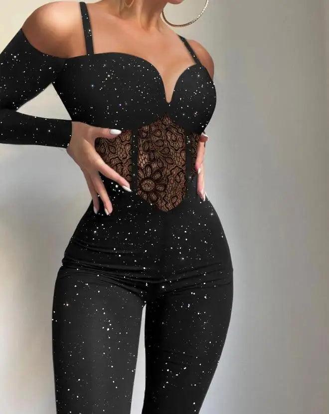 Jumpsuit Women Elegance 2025 Plain Glitter Cold Shoulder Long Sleeve Contrast Lace Corset Skinny Jumpsuit