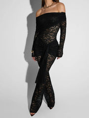 Mozision Lace See Through Long Sleeve Jumpsuit Women Fashion Lace Off-shoulder Bodycon High Waist Jumpsuits