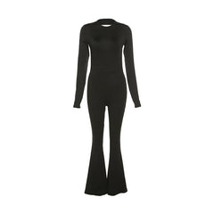 Solid Black Backless Bodycon Wide Leg Jumpsuit Women Autumn Casual Slim Long Sleeve O-Neck Playsuit Lady Streetwear