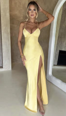 Articat Strapless Satin Maxi Dress Women Open Back High Slit Slim Dress