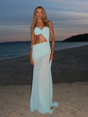 Chest Wrap Maxi Women's Dress White Backless Hip Package High Split Female Beach Dresses 2025 Summer Hollow Out Lady Robe