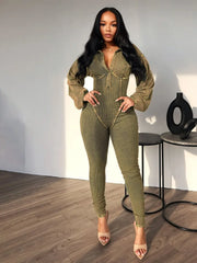 Autumn Cotton Ribbed Jumpsuit - Women's V-Neck Long Sleeve Skinny Romper